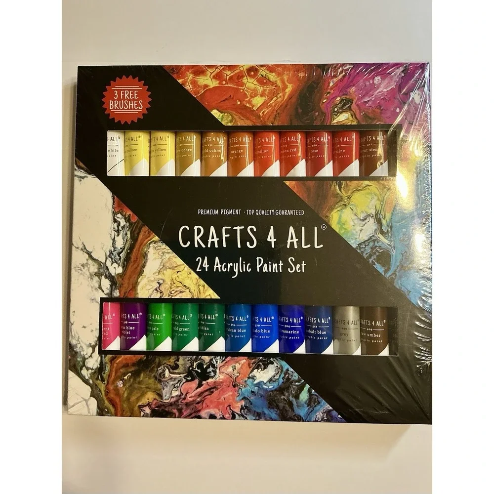 CRAFTS 4 ALL - 24 Acrylic Paint Set + 3 Brushes, 0.4 oz Each